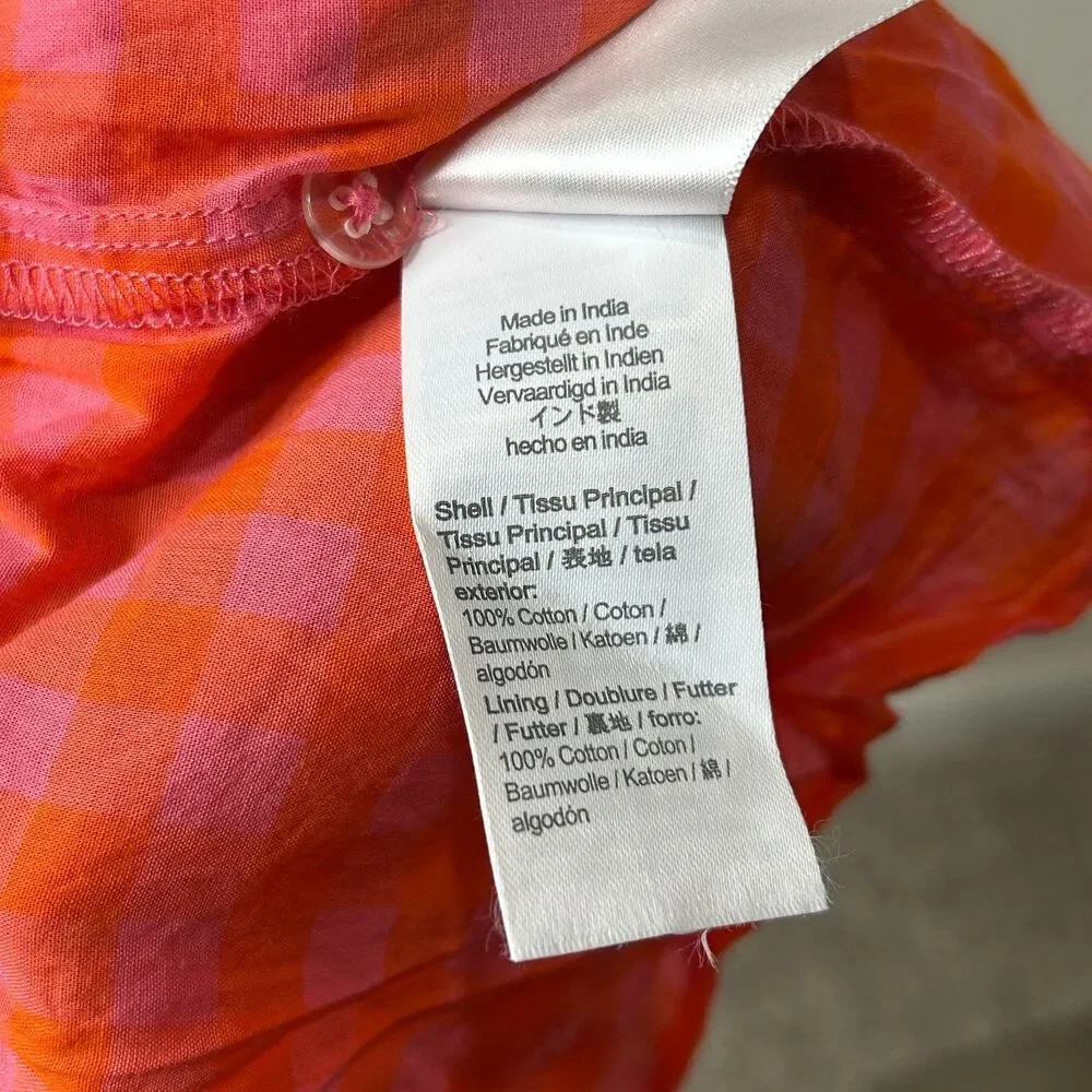 J.Crew Ruffle Wrap Top Gingham Pink Orange Organic Cotton Peplum Blouse XL